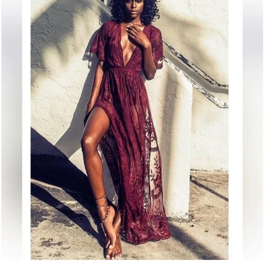 Honey Punch Lace Maxi Dress Romper Plum